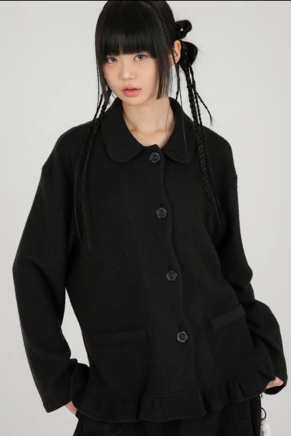 나이엔 라운드 플라켓 가디건 자켓 블랙 상품이미지1