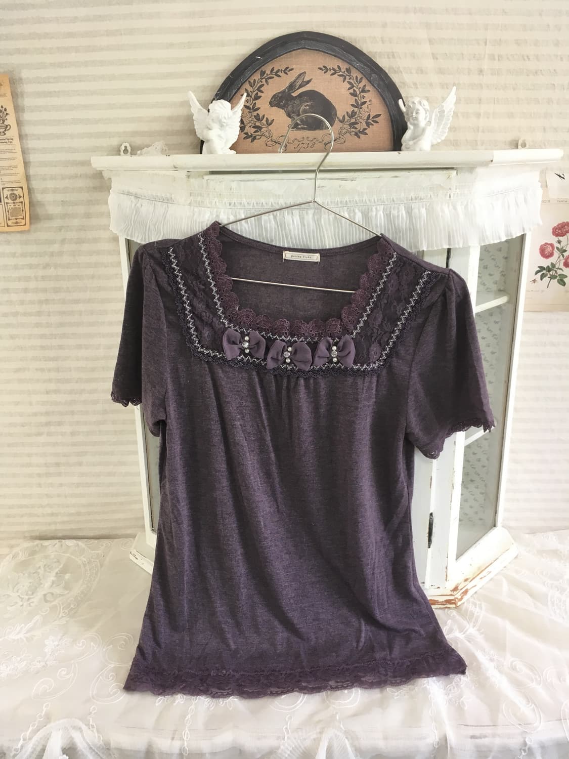 일본빈티지 퍼플 로걀 리본 반팔 상품이미지5