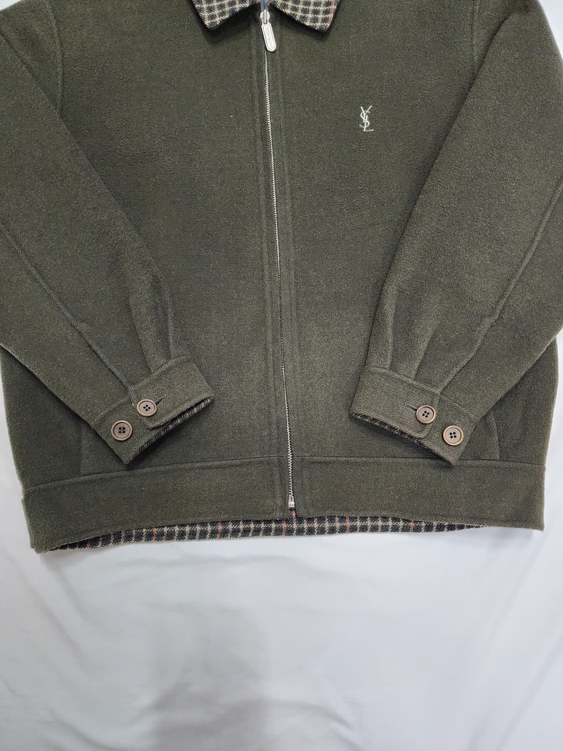 입생로랑 울 체크 카라 빈티지 카키 자켓 상품이미지5