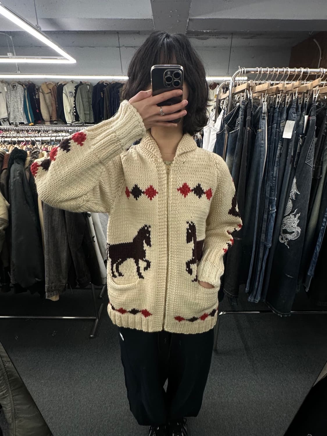 OS)60’s 빈티지 헤비 울 말 패턴 코위찬 가디건 상품이미지1