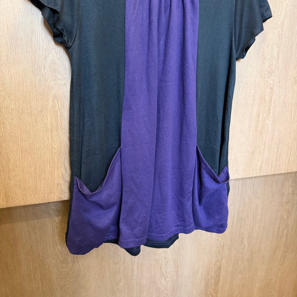 빈티지 반팔 롱 티셔츠 셔링 퍼플 배색 디테일 루즈핏 블랙 상품이미지4
