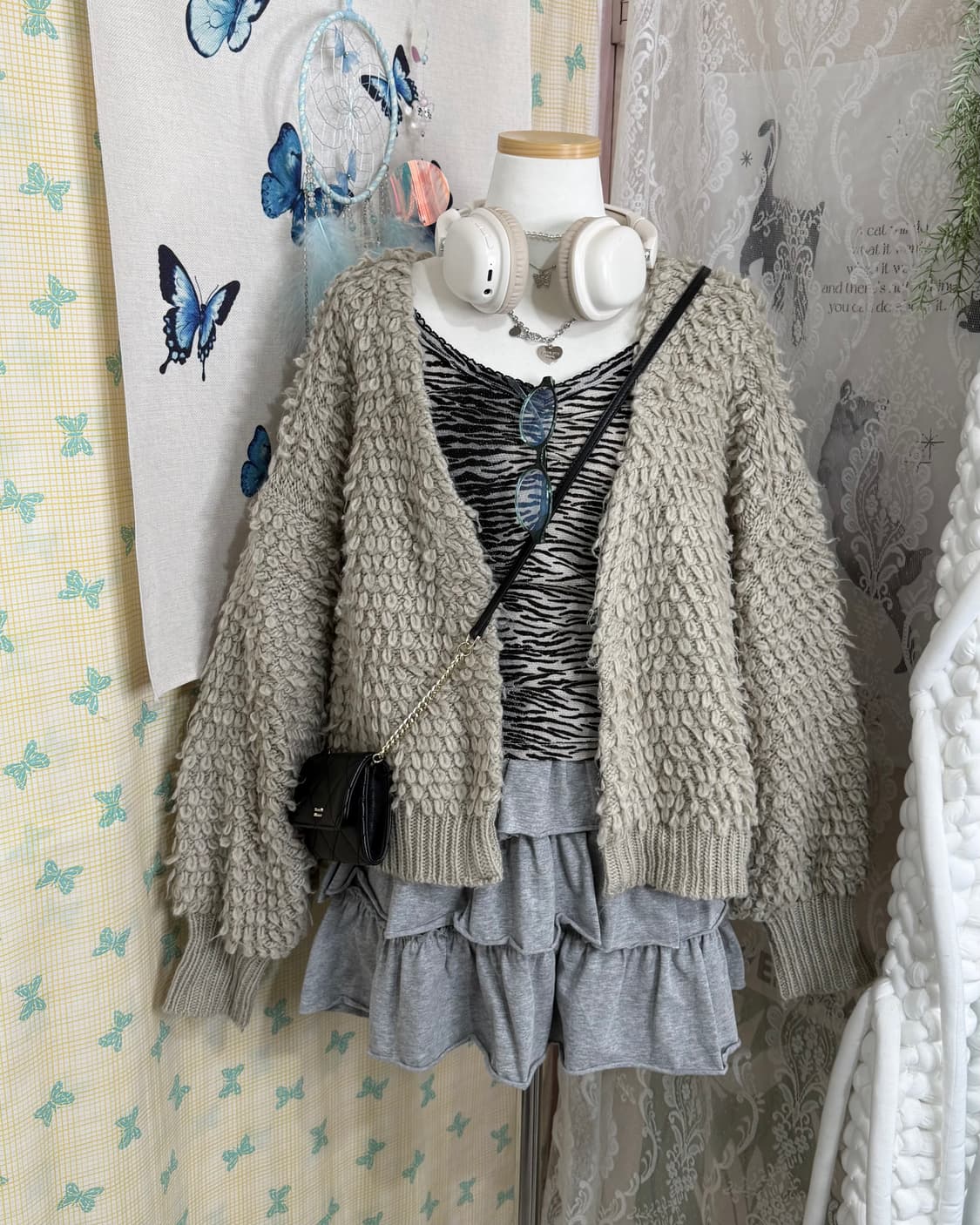 연카키 뽀글이 브이넥 오픈 가디건 상품이미지1