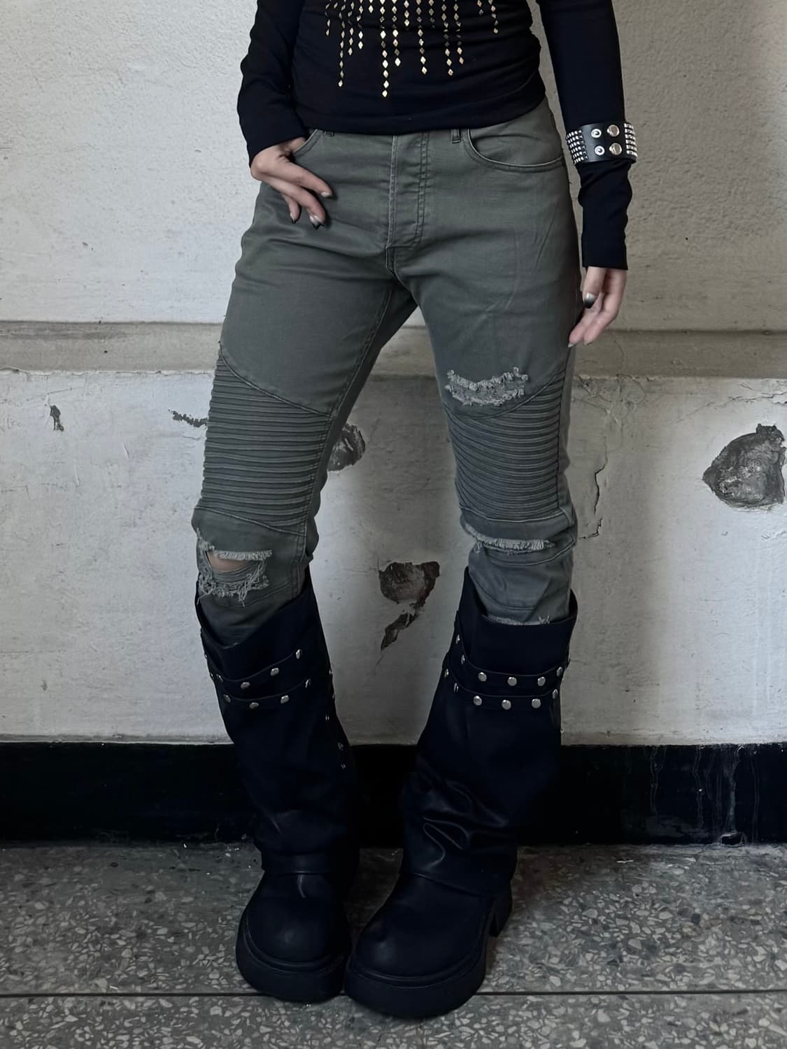 Khaki cotton biker pants 상품이미지1