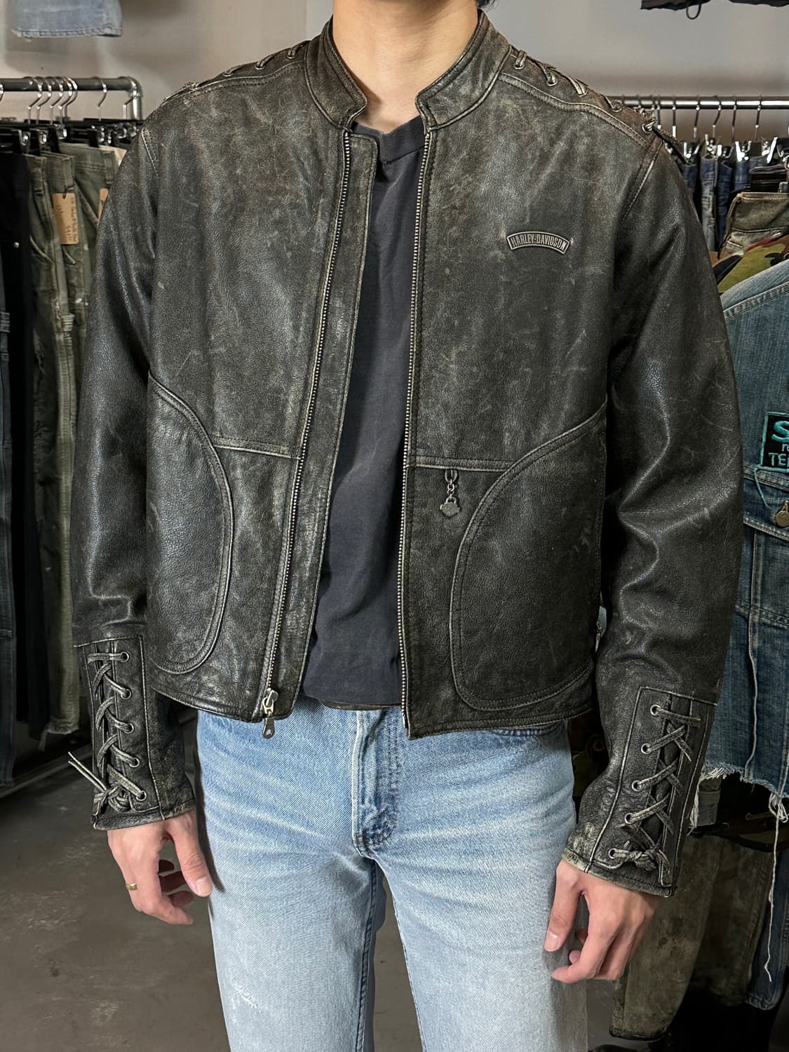 00's 할리데이비슨 코르셋 디스 레더 자켓 크롭 레더 자켓 상품이미지9