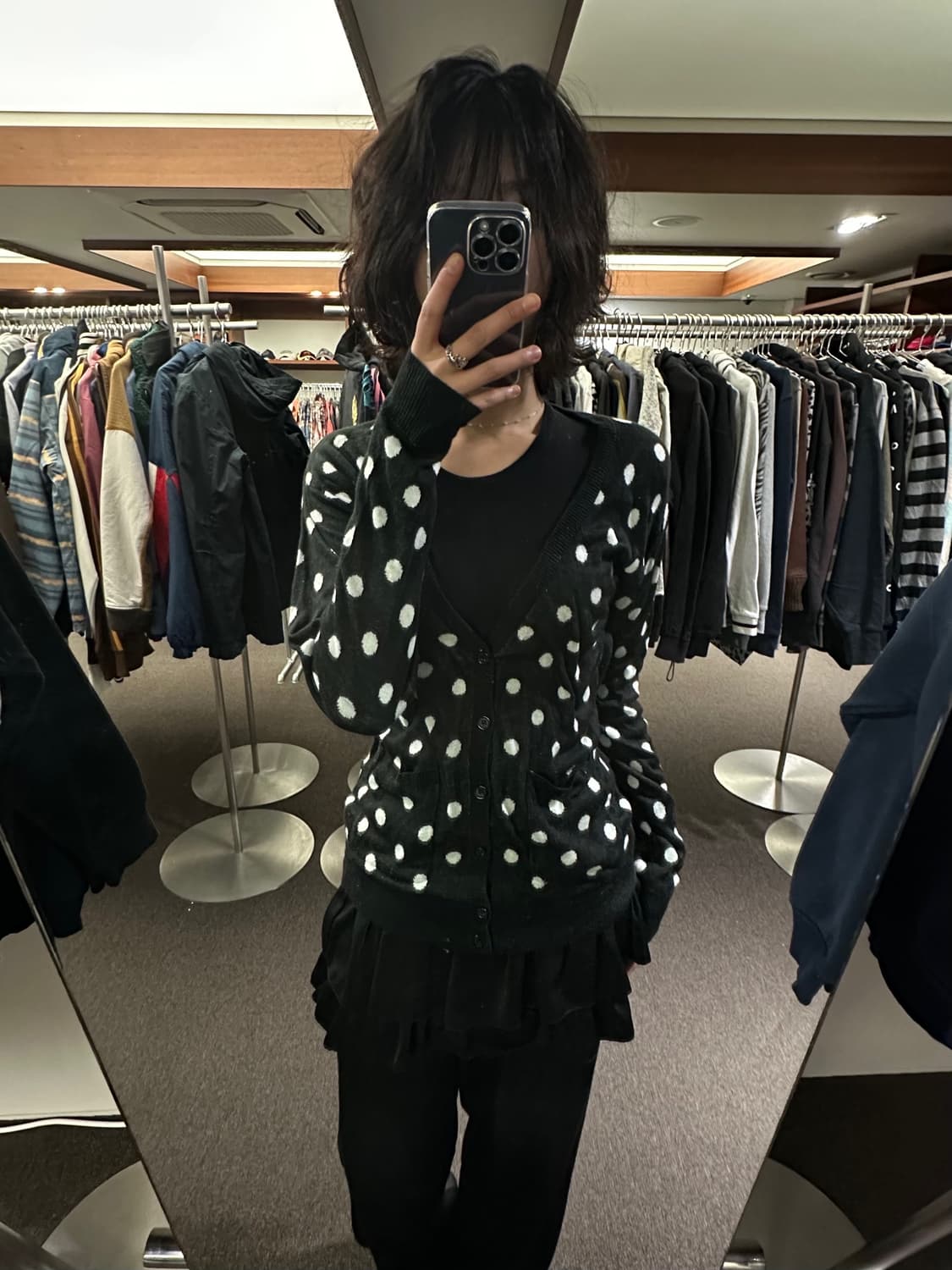 L)BROWNY 빈티지 여성 블랙 도트 브이넥 니트 가디건 상품이미지1