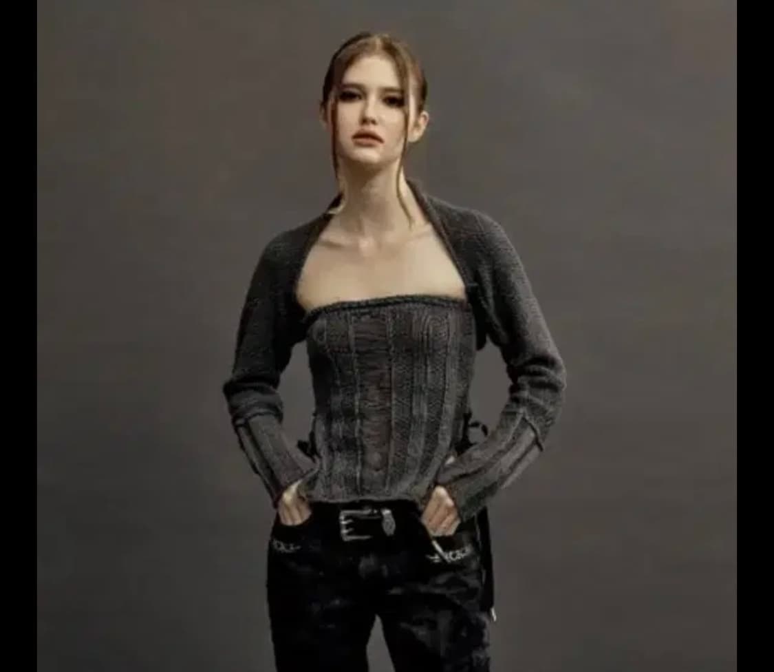 쓰리타임즈 코튼 리본 볼레로 세트 차콜 상품이미지1