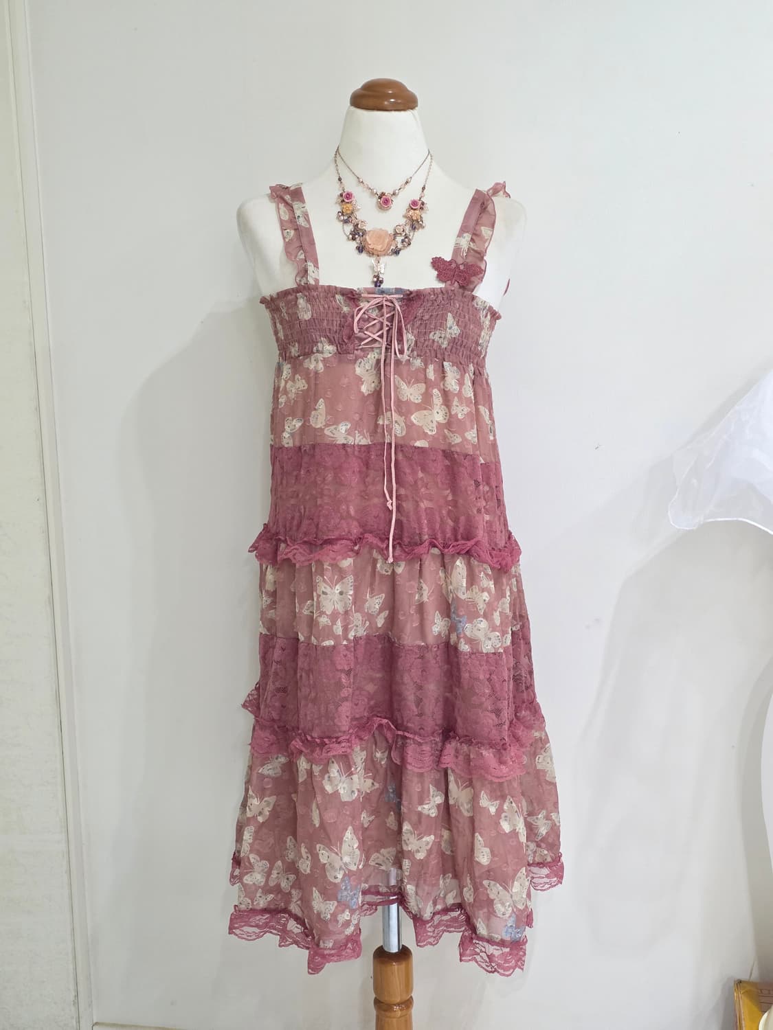 엑시즈팜 일본빈티지)버터플라이 로즈핑크 캉캉패치워크 슬리브리스원피스롱치마 상품이미지1