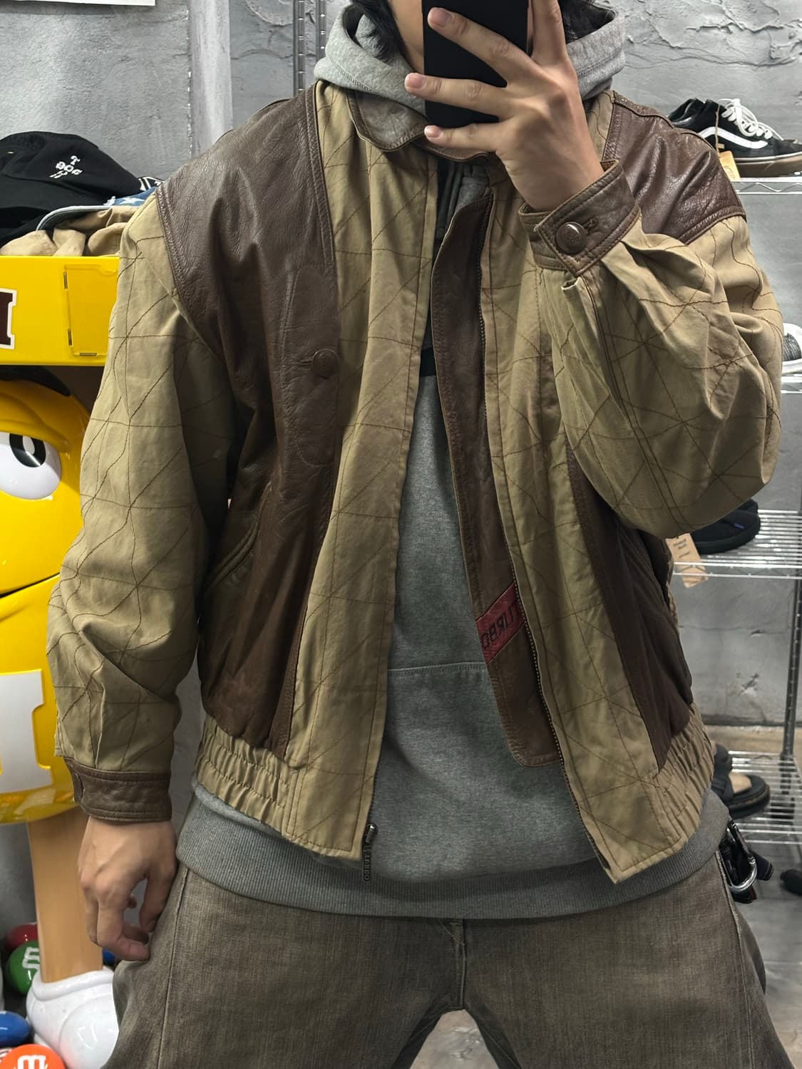 빈티지 레더 믹스 봄버 자켓 상품이미지8