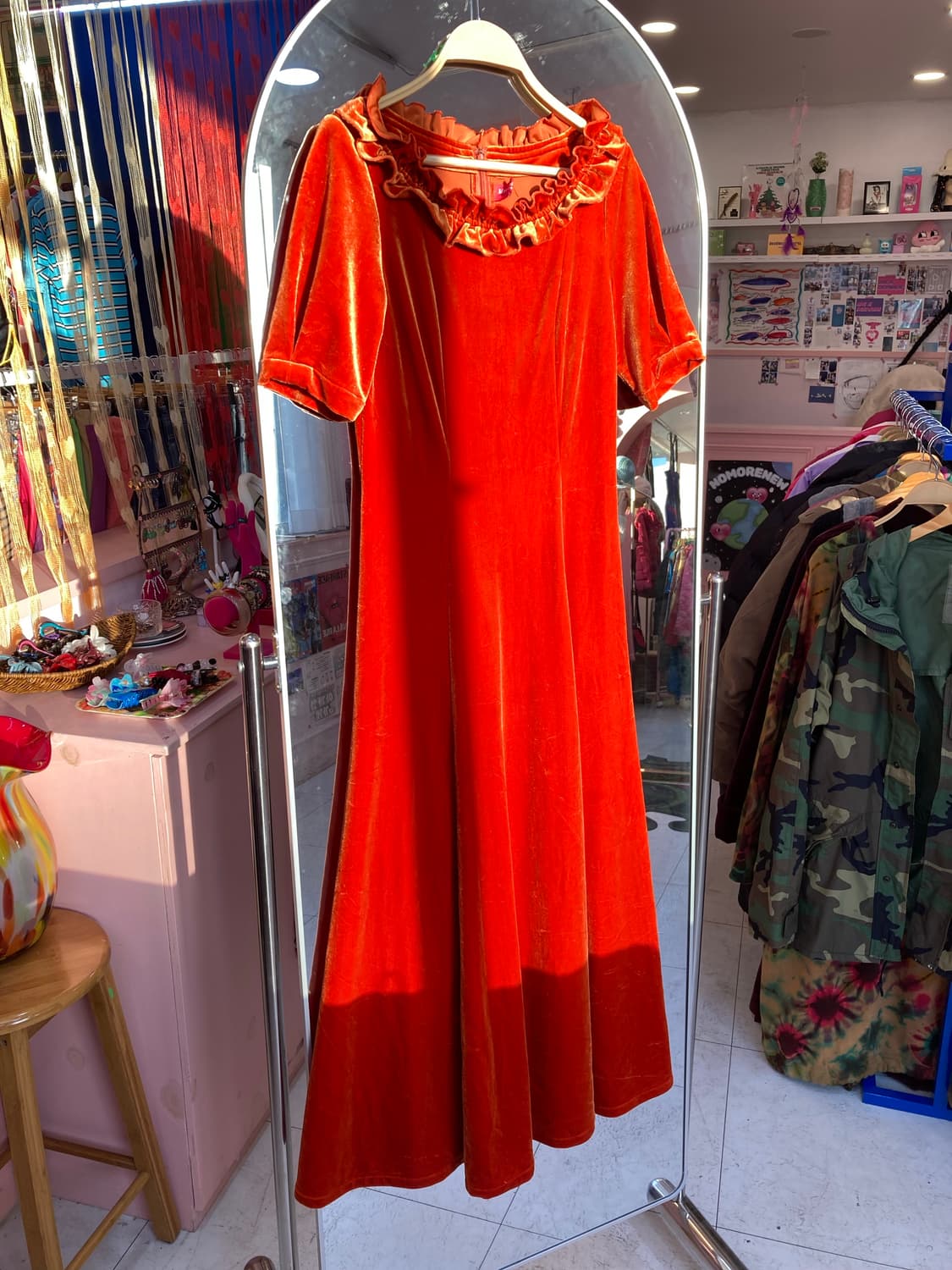 오렌지 벨벳 레이스 롱 원피스 상품이미지1