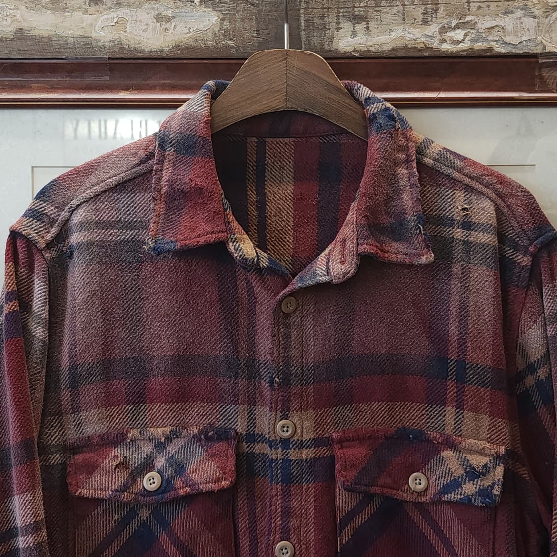 90s 빈티지 체크셔츠 헤비 플란넬 워크셔츠 썬페이딩 레드 데미지 L 상품이미지3