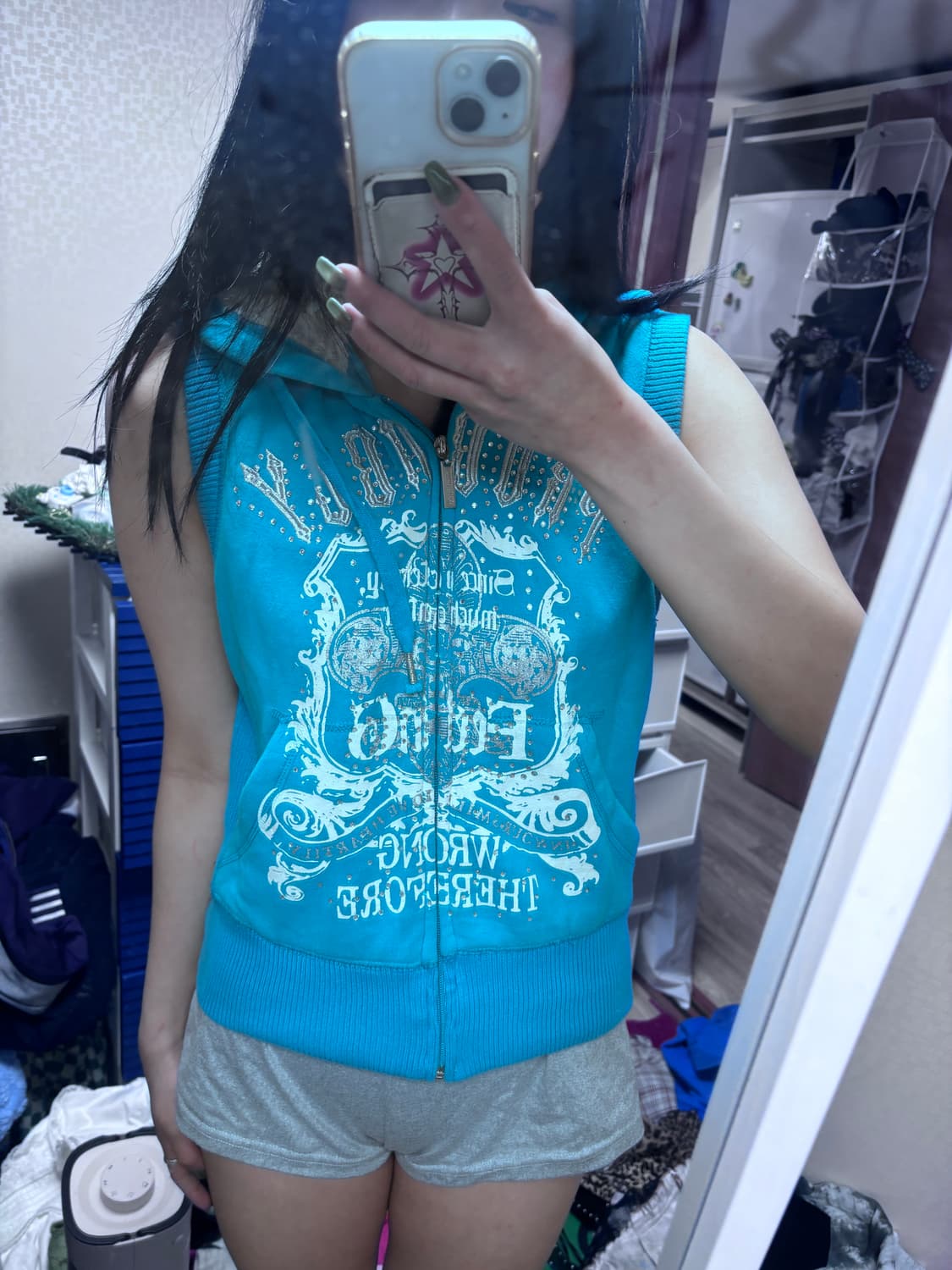 빈티지 와투케 y2k 갸루 큐빅 글리터 후드 집업 조끼 나시 상품이미지1