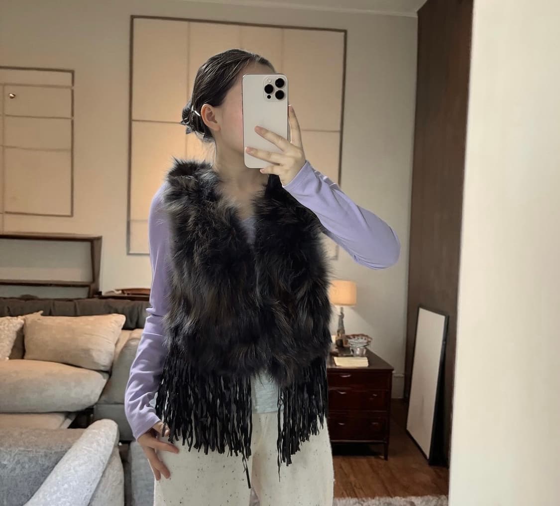 빈티지  라쿤퍼+스웨이드  태슬 조끼 베스트 상품이미지4