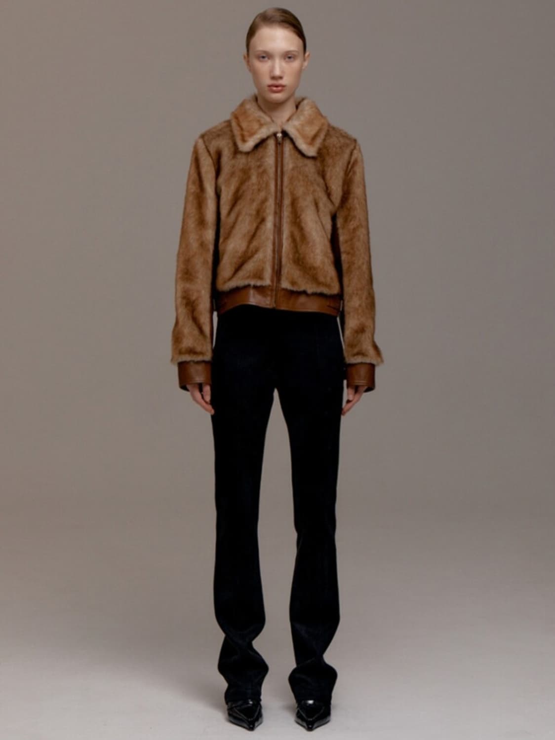 (새상품)르비에르 페이크 레더 퍼 자켓 S 카멜 상품이미지1