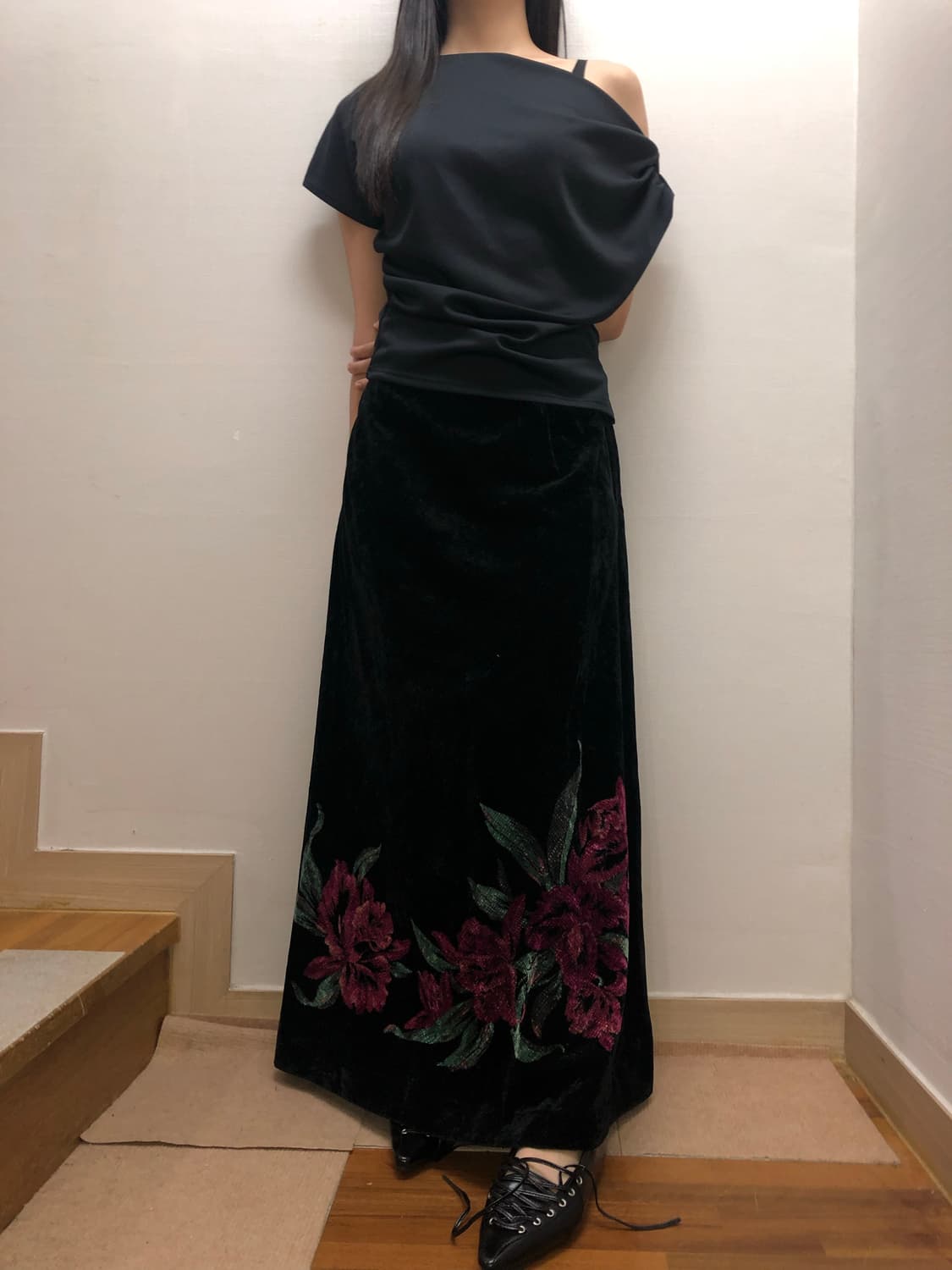 빈티지 블랙 오리엔탈 플라워 롱 스커트 상품이미지3