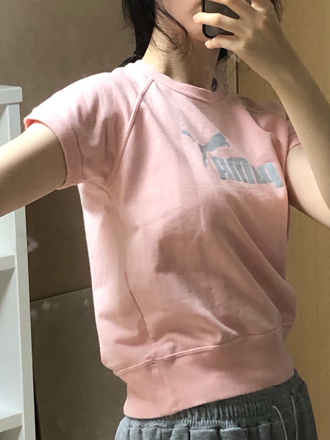 L 푸마 핑크 반팔 스웻셔츠 반팔티 상품이미지3