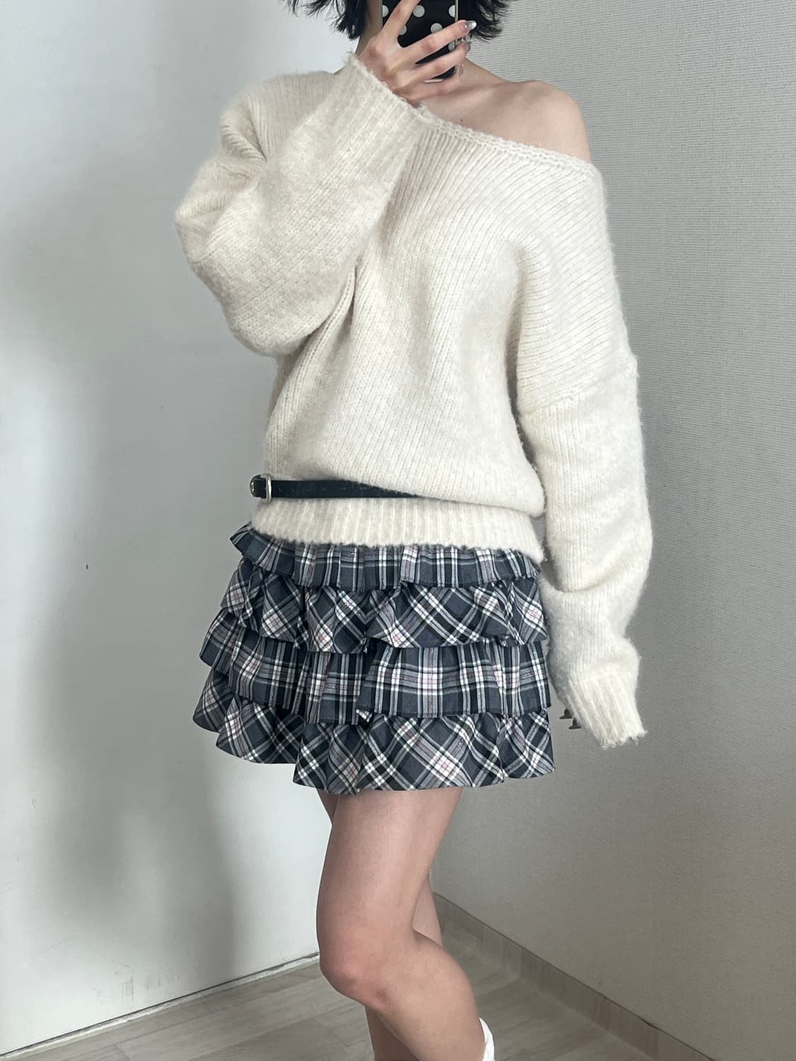 핑크 그레이 캉캉 체크 스커트 상품이미지3