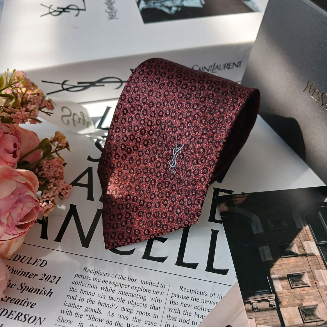 입생로랑 실크 와인 도트 패턴 넥타이 8.1cm A+~A등급 E754 상품이미지3