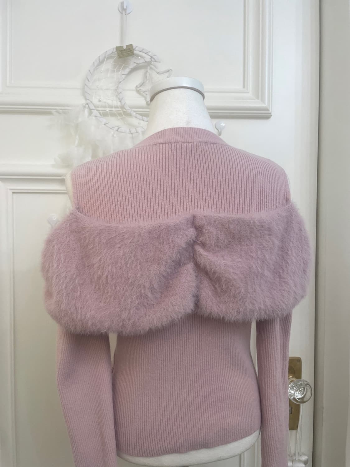 powder pink bow fur shoulder lovely knit 상품이미지4
