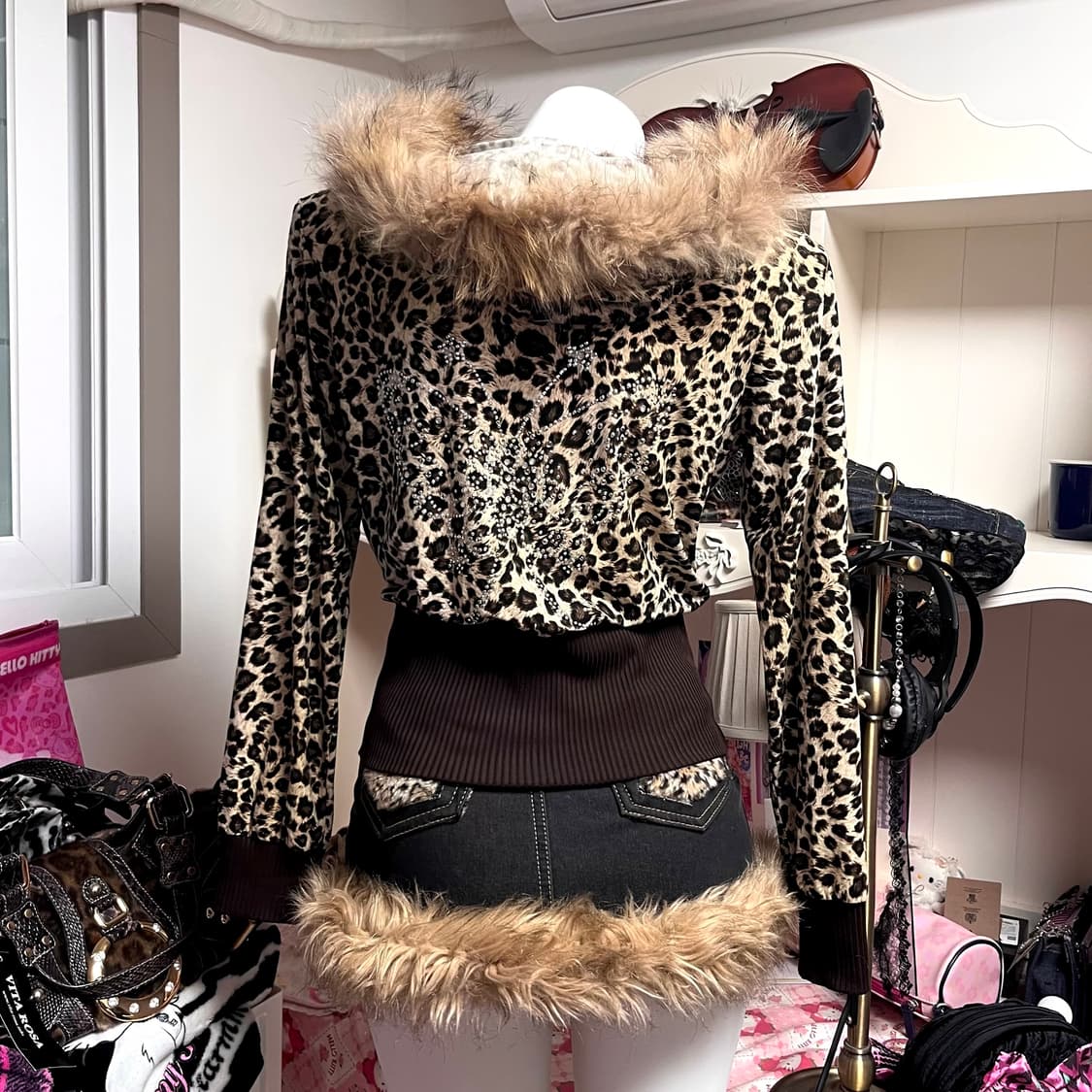 오네 B갸루 레오파드 퍼 트리밍 큐빅 후드집업 빈티지 00s 핀터깔y2k 상품이미지1