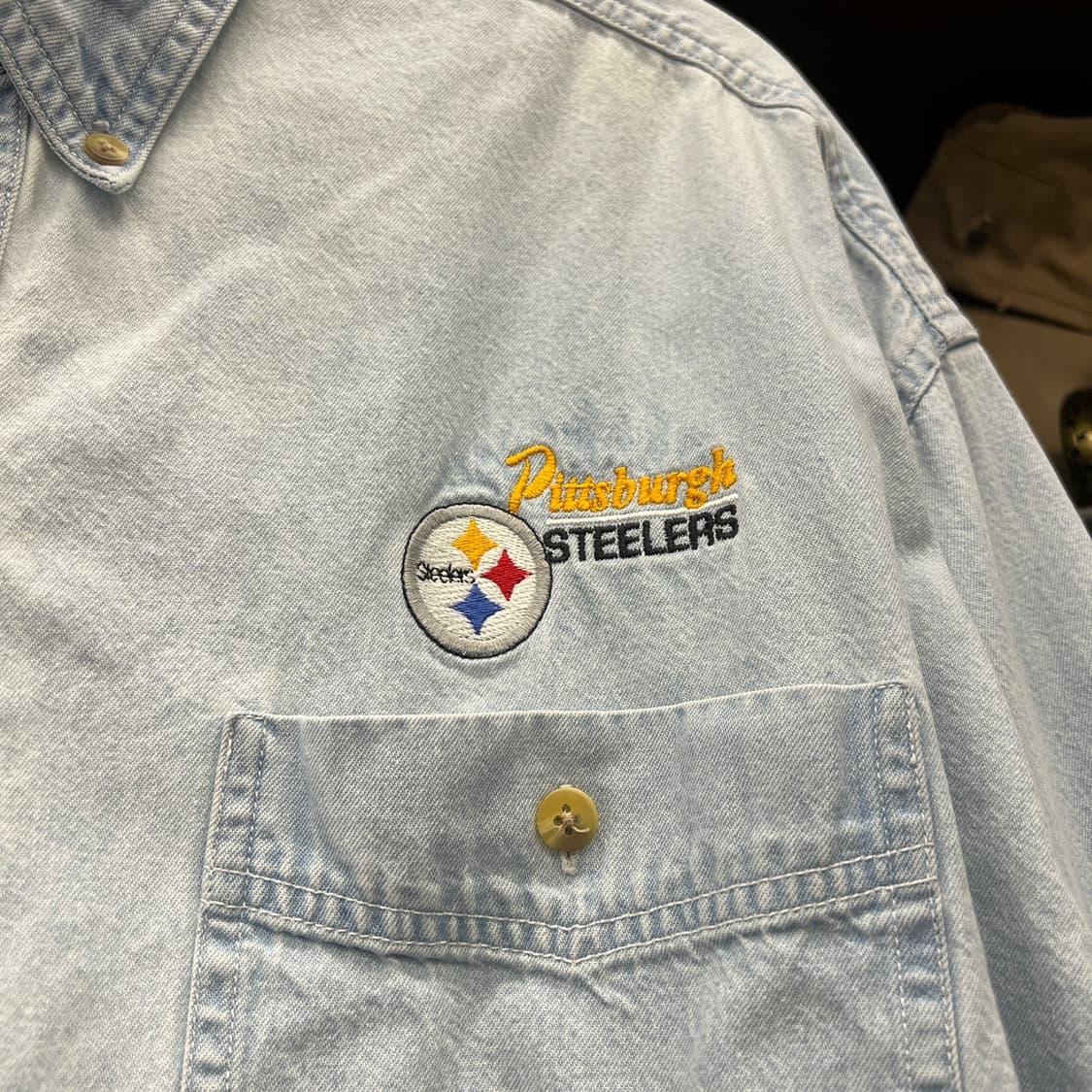 90s LEE 리 스포츠 오리지널 NFL 스틸러스 자수 포켓 데님 셔츠  상품이미지4