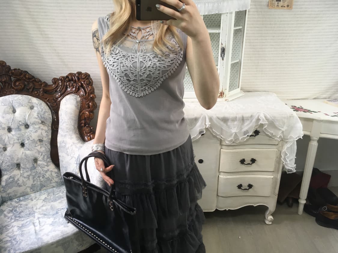 일본빈티지 뮤트 그레이 레이스 슬리브리스 상품이미지2