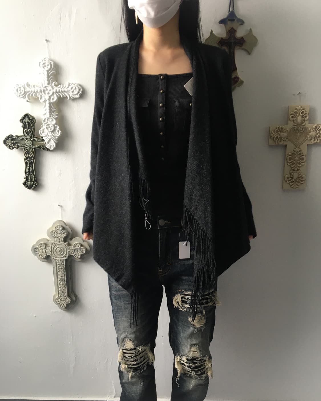 Fringe drape open cardigan 상품이미지1