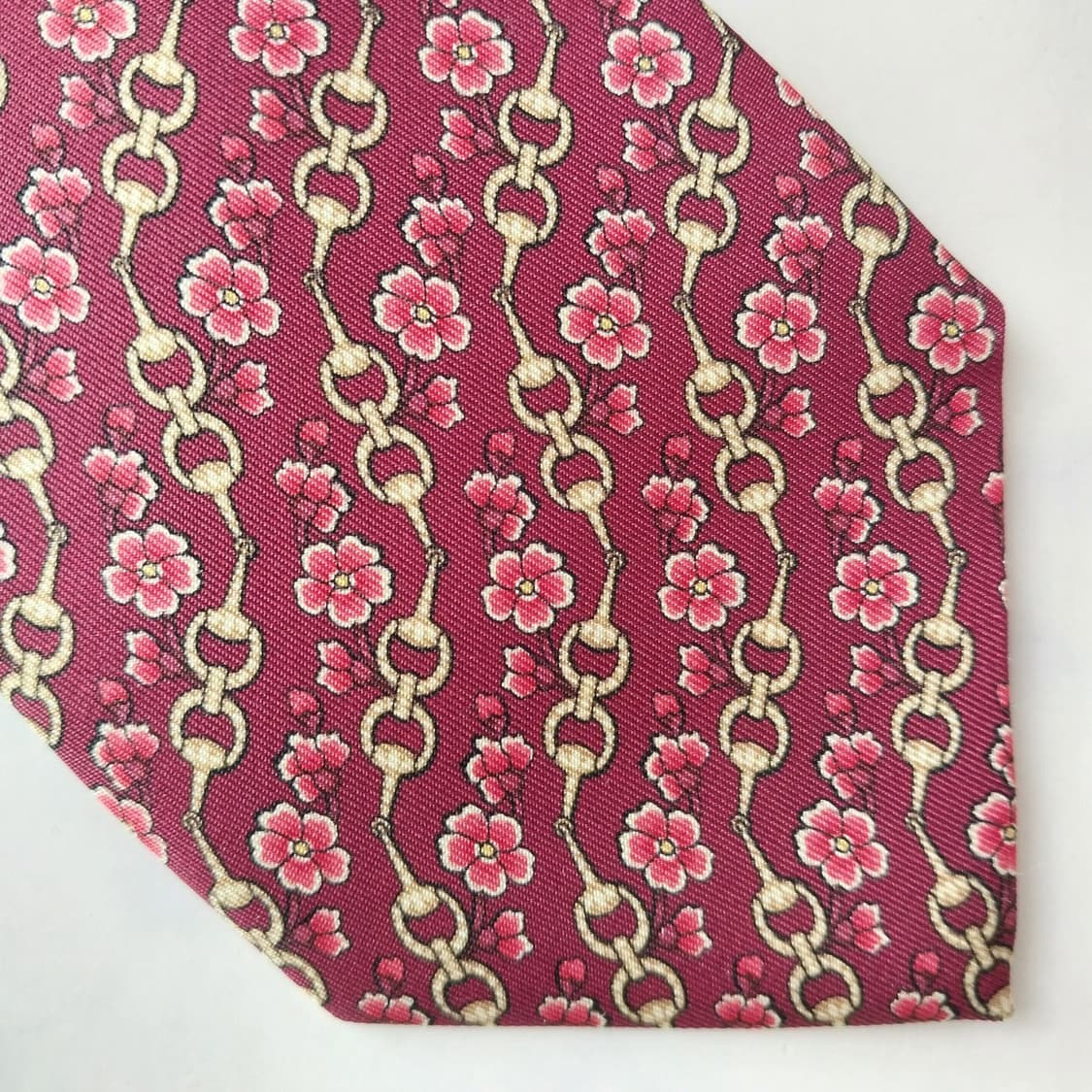 구찌 실크 와인 홀스빗&플라워 패턴 넥타이 8.4cm A+등급 K1823 상품이미지7