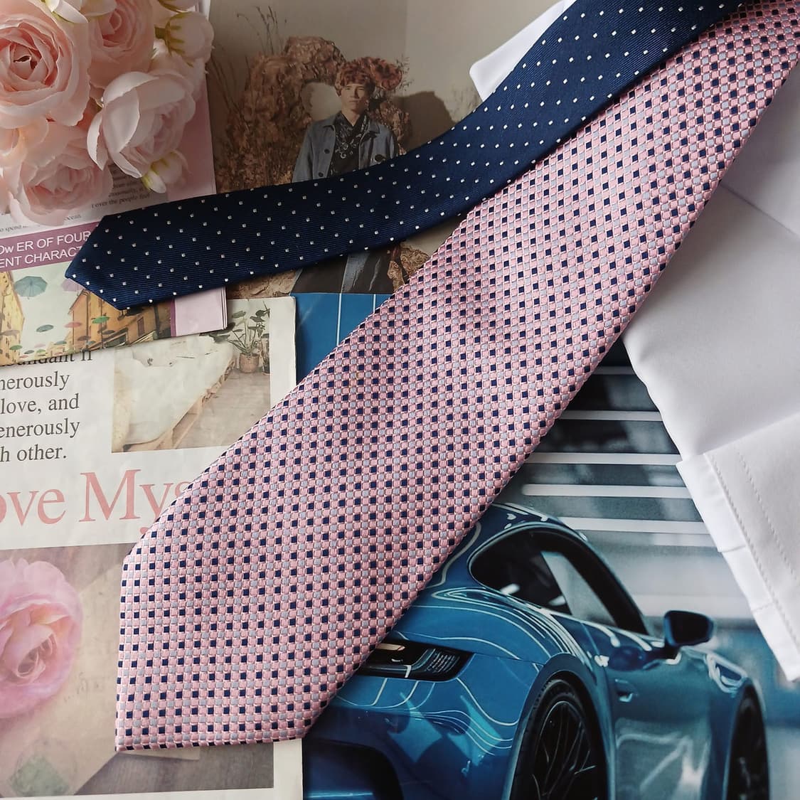 타미힐피거 실크 핑크&네이비 체크 넥타이 8.6cm A+등급 A18815 상품이미지3