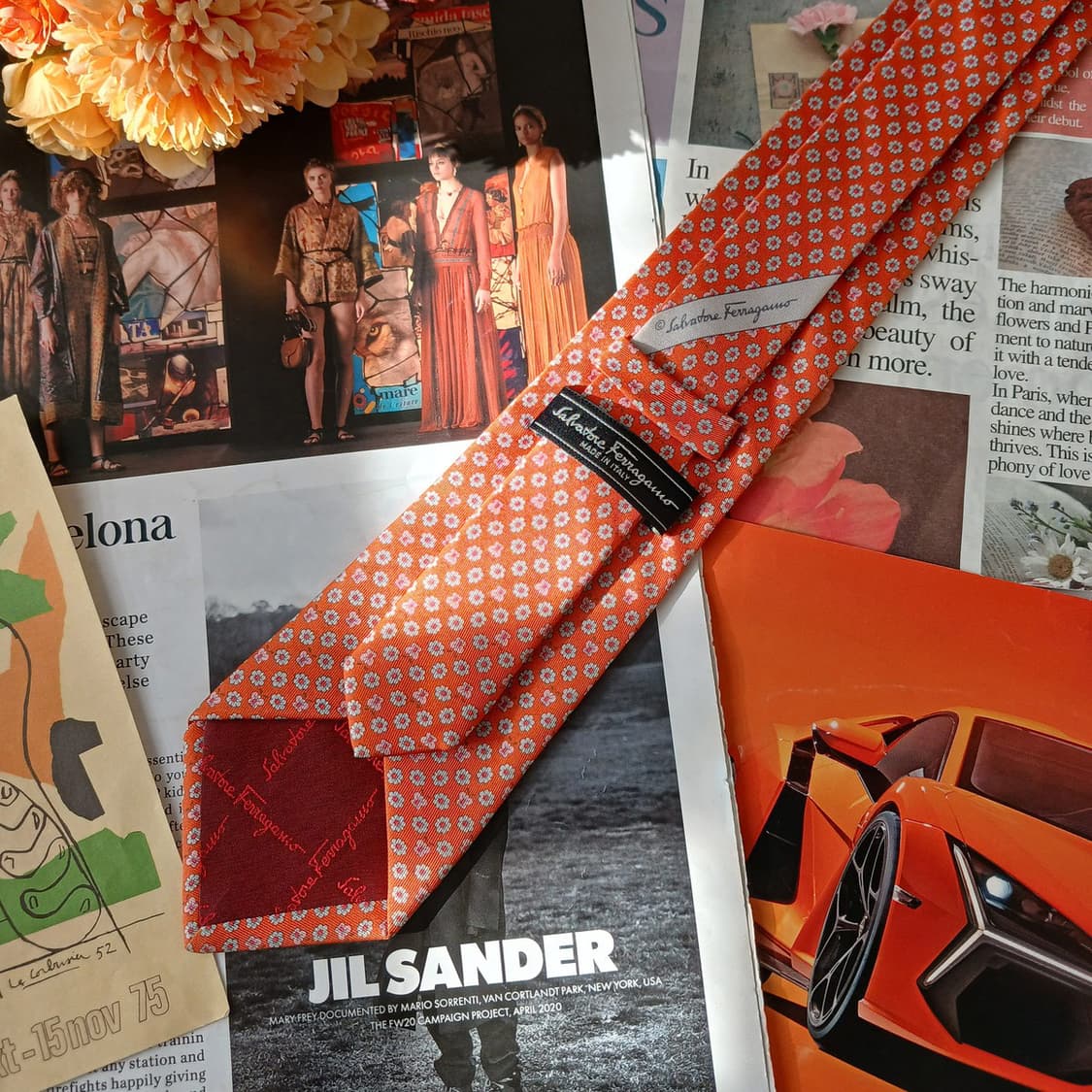 페라가모 실크 오렌지 나비 패턴 넥타이 8.8cm A등급 A19598
 상품이미지4