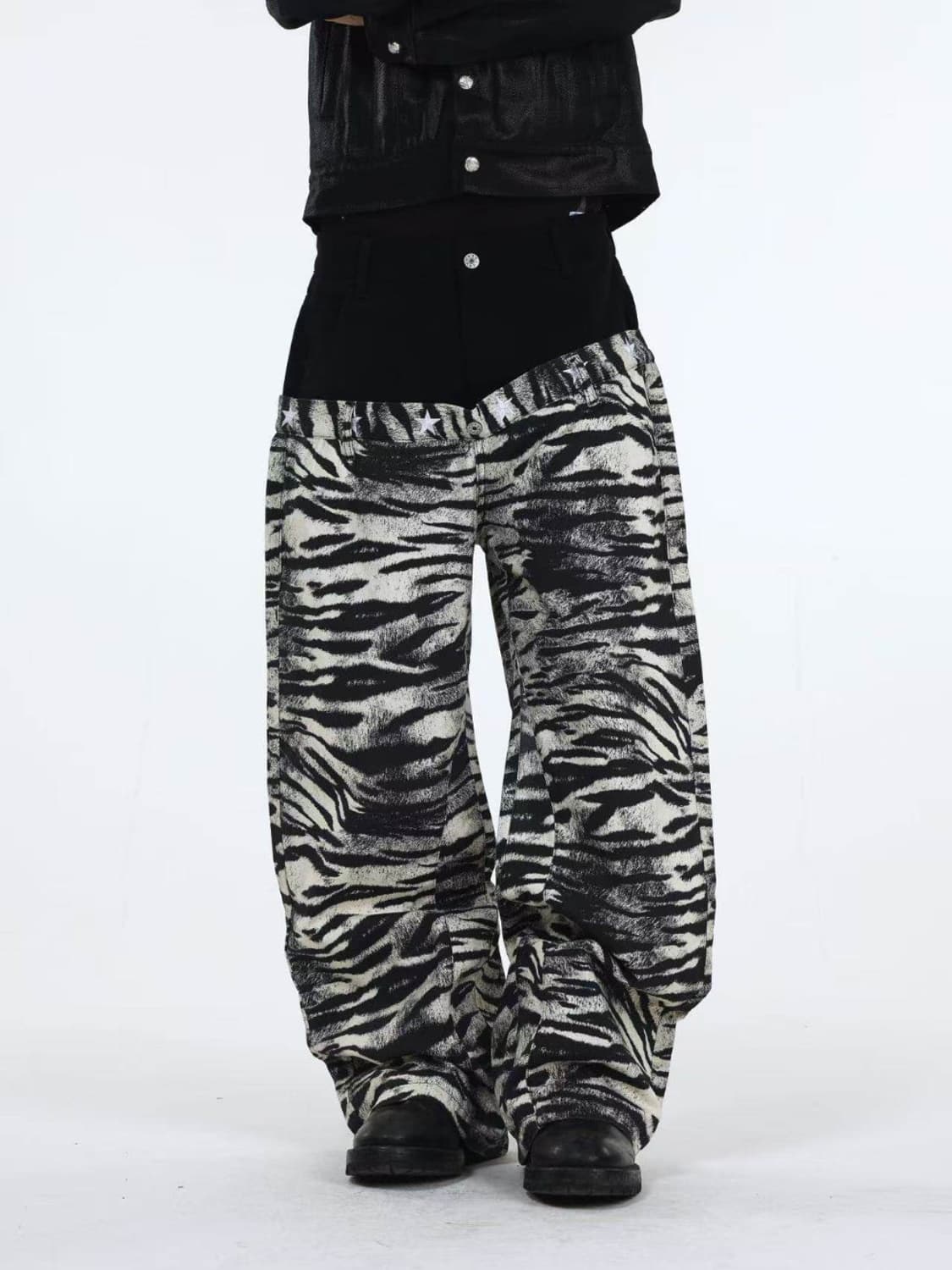 Zebra Print Asymmetric Waist Baggy Jeans 상품이미지4