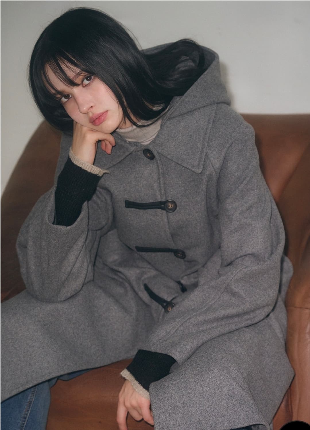 레더리 캐시미어 멜톤 더플 후디 롱 코트 그레이 상품이미지1