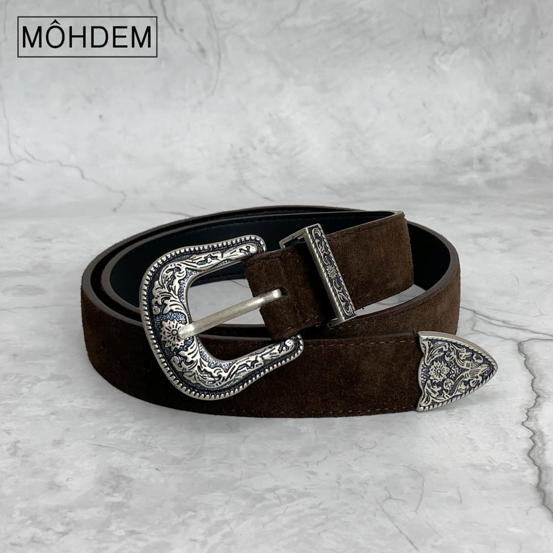 [Unisex] 클래식 웨스턴 스웨이드 가죽 벨트 브라운 상품이미지5