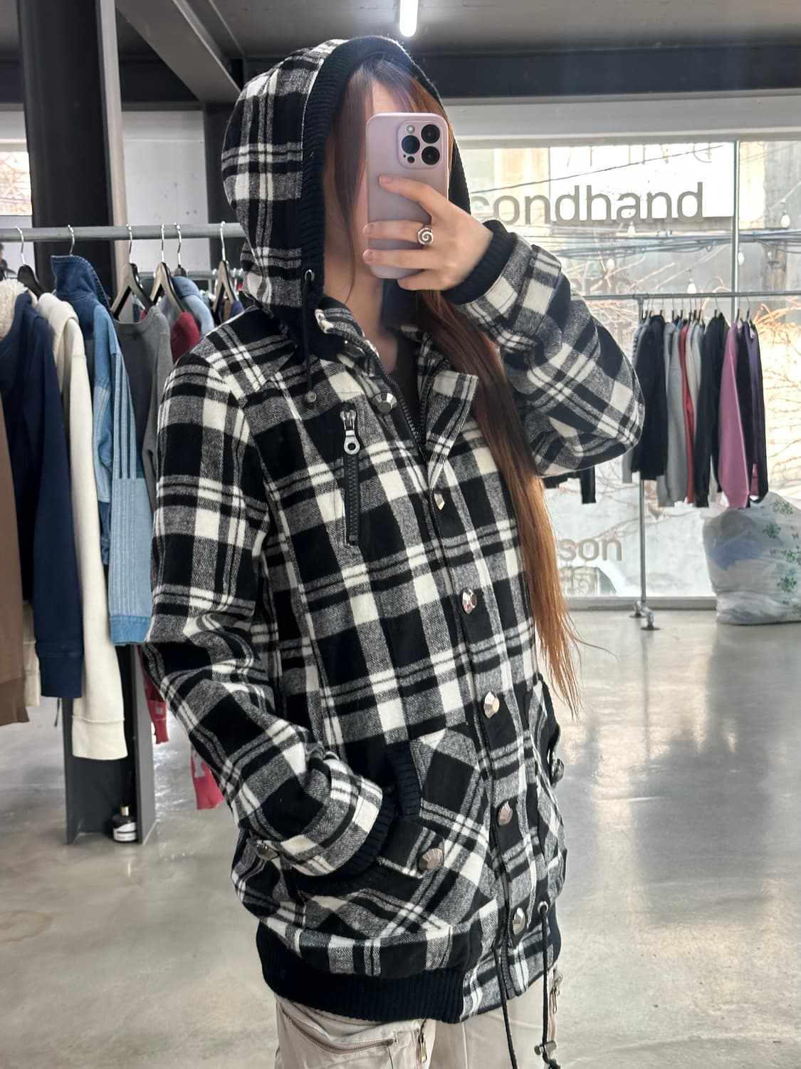 빈티지 Y2k 버튼 포켓 체크 롱점퍼 상품이미지2