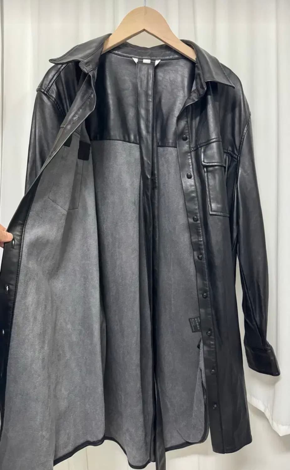 H&M 블랙 레더 셔츠형 롱 자켓 ops 상품이미지1