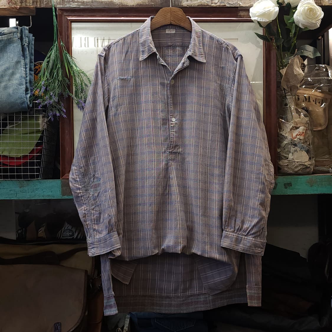 60s 프랑스 워크셔츠 가드너 빈티지 셔츠 라이트 퍼플 롱 튜닉 셔츠 L 상품이미지2