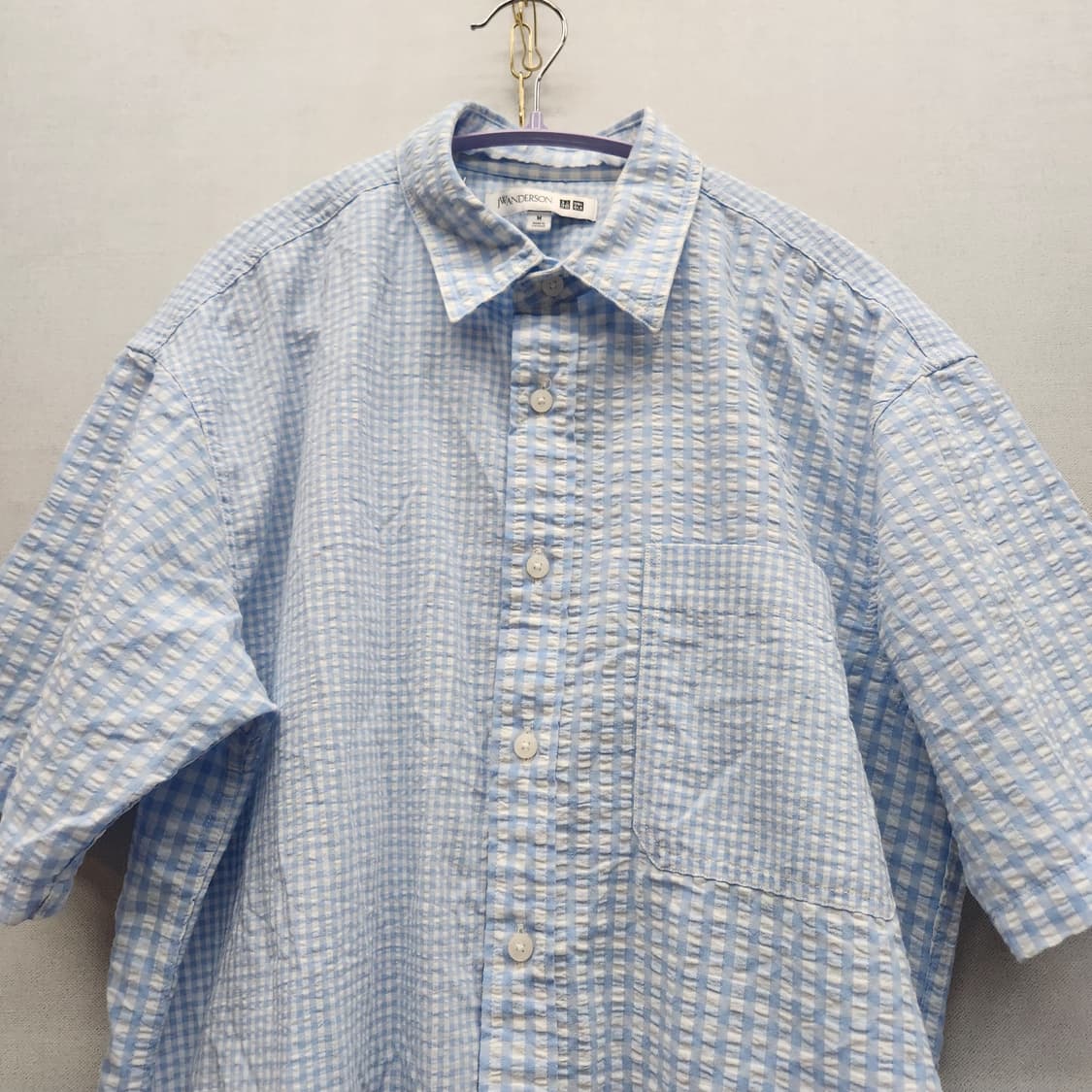 유니클로xJW앤더슨 시어서커 깅엄체크 반팔셔츠 M(L)남여공용 상품이미지2