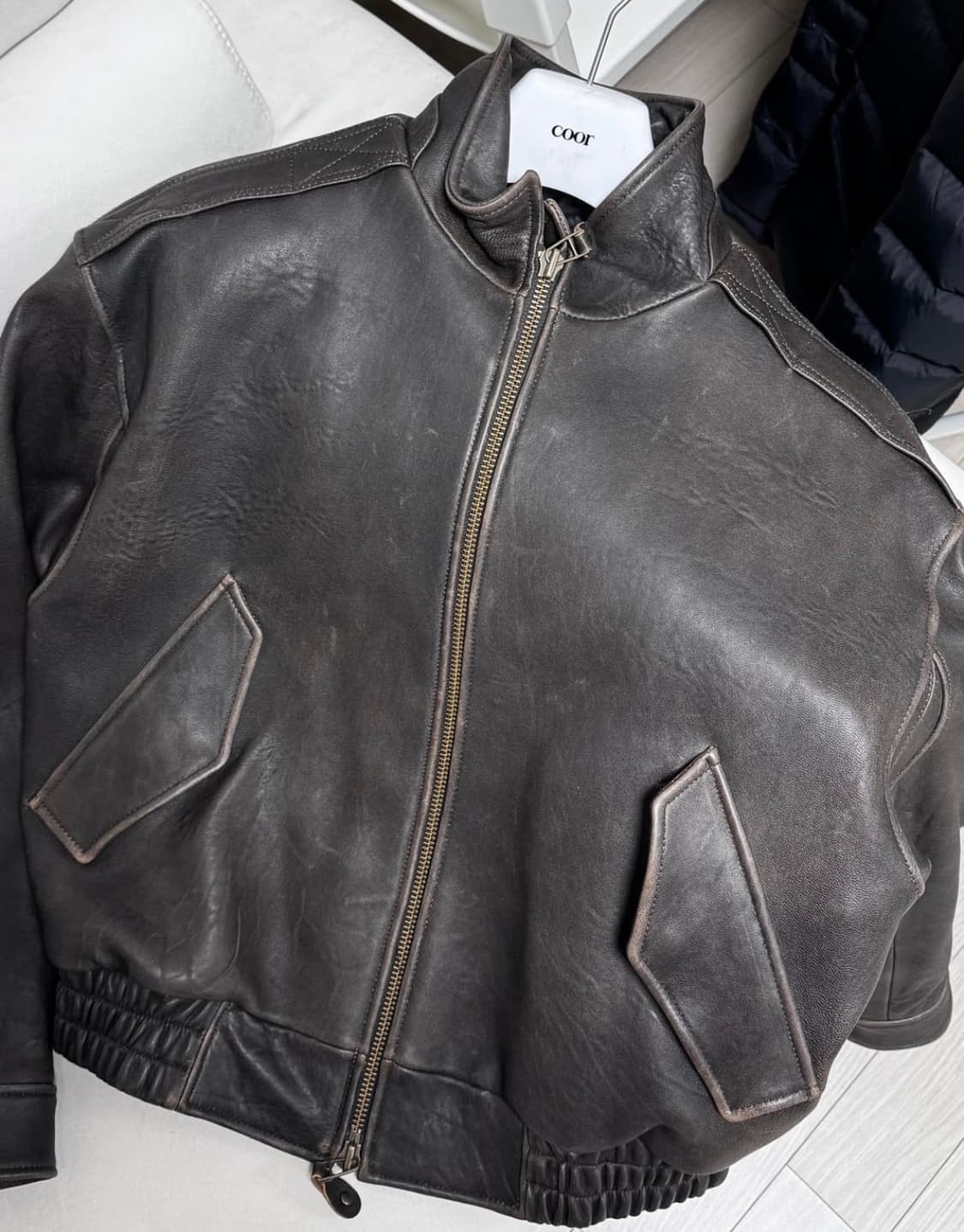 쿠어 26ss 빈티지 쉘터넥 카라 레더 자켓 L 상품이미지2