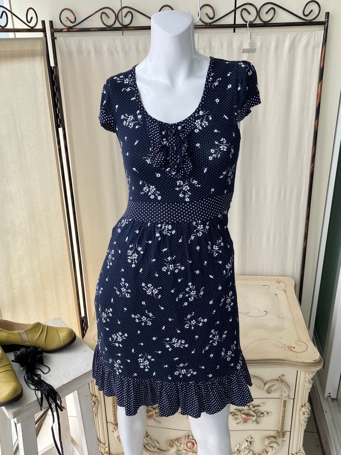 네이비 도트 셔링 원피스 1273 모리걸 일본빈티지 상품이미지3