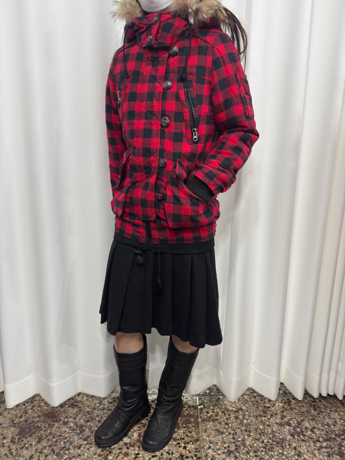 now here red check fur hood jacket 상품이미지6