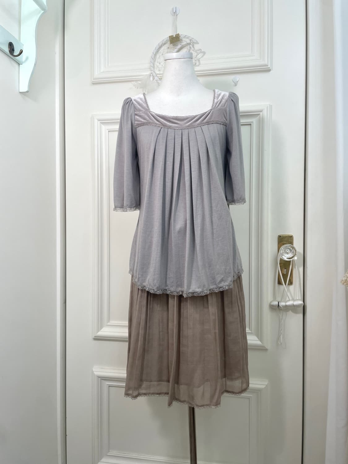 gray brown bow belt midi pleats skirt 상품이미지6