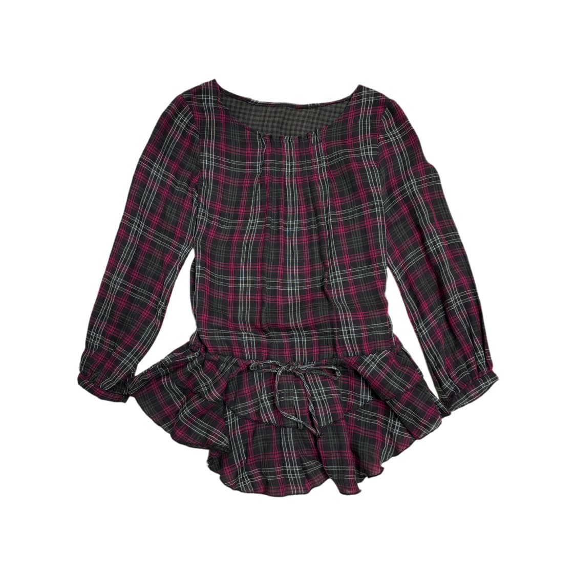 빈티지 하구미낭낭 그린티 체크 플리츠 롱 블라우스 상품이미지2