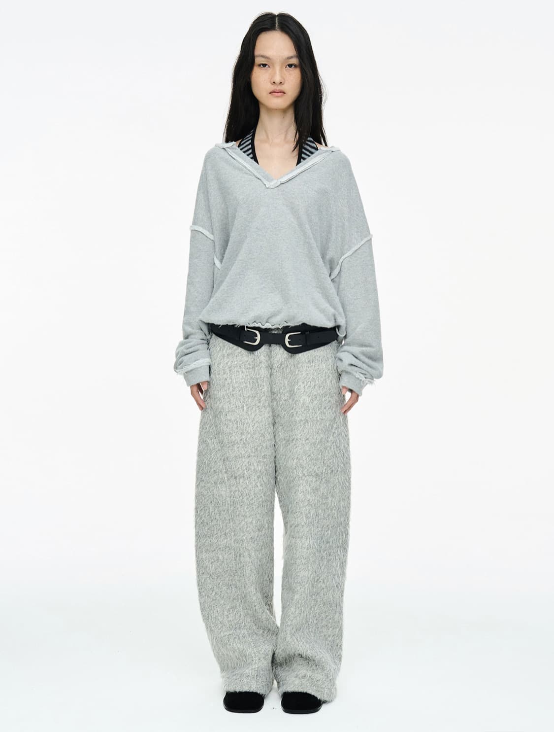 세릭 헤어리 와이드 팬츠 & 기준 스트라이프 셔츠 상품이미지1