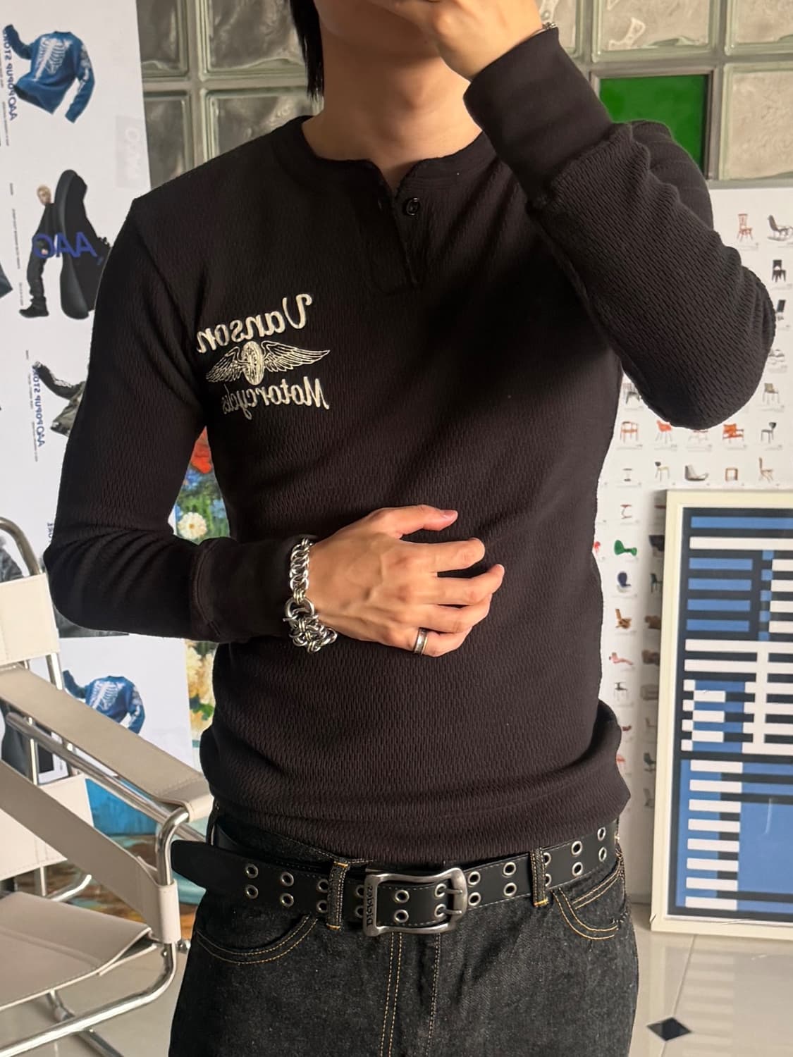 Henley neck thermal long T-shirt 상품이미지2