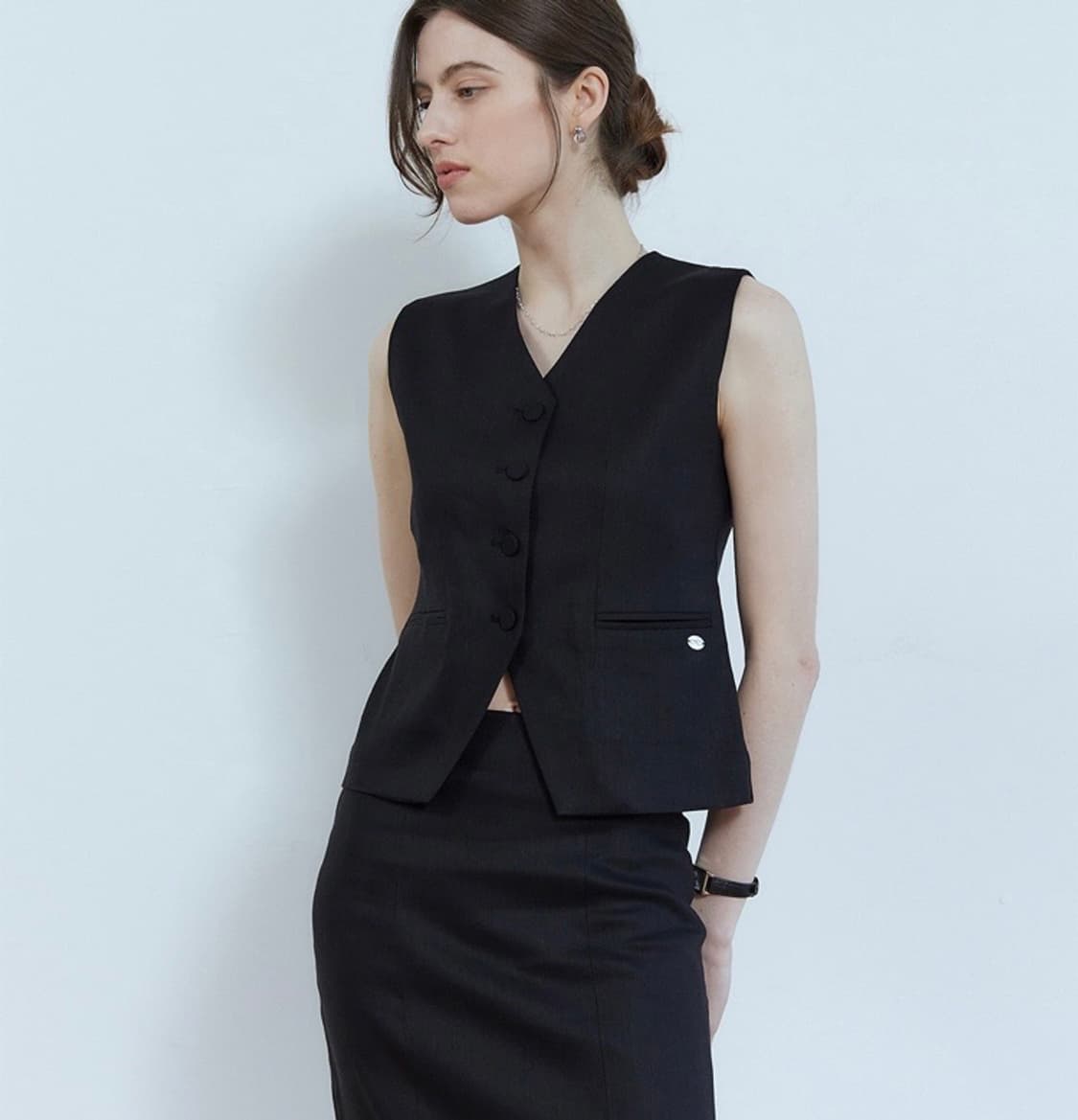 어다울 린넨 블랙 베스트 스커트 셋업 정장 면접룩 하객룩 상품이미지1
