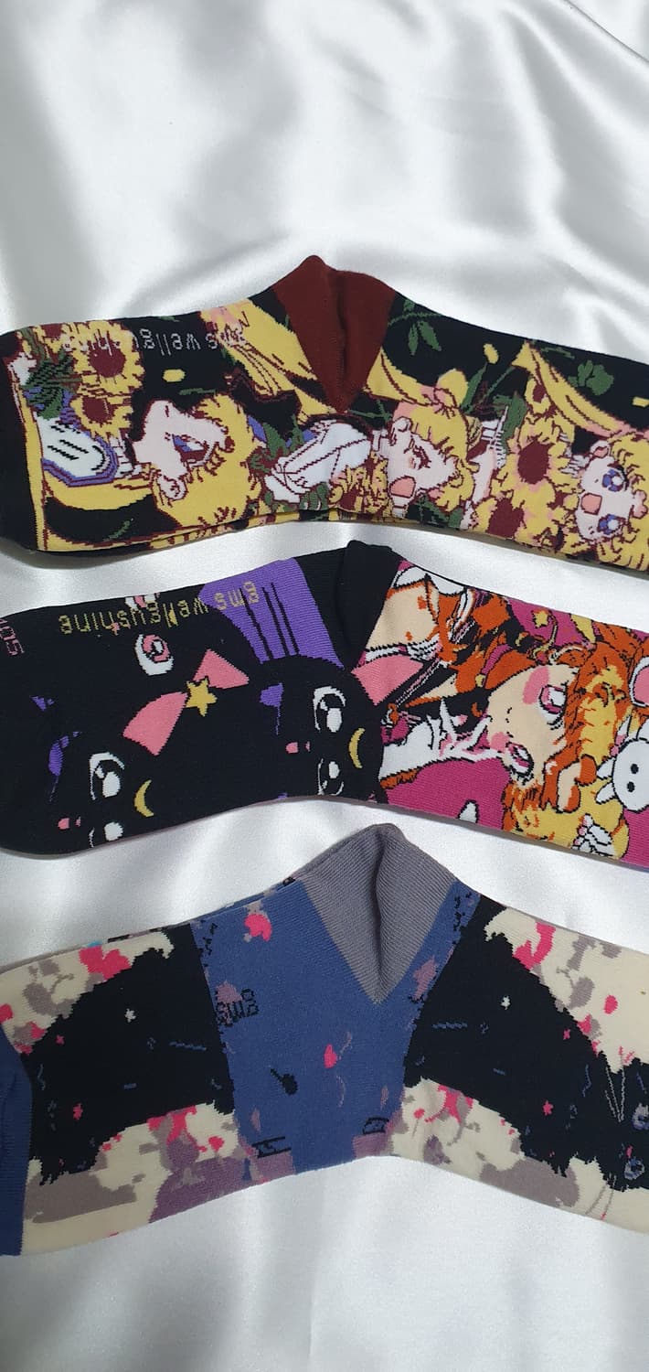 그린 크림베이지 퍼플핑크 해바라기 고양이 소녀 양말 상품이미지3