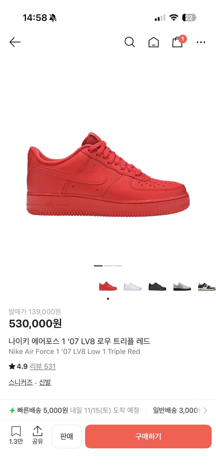 나이키 에어포스 1'07 LV8 로우 트리플 레드 상품이미지5