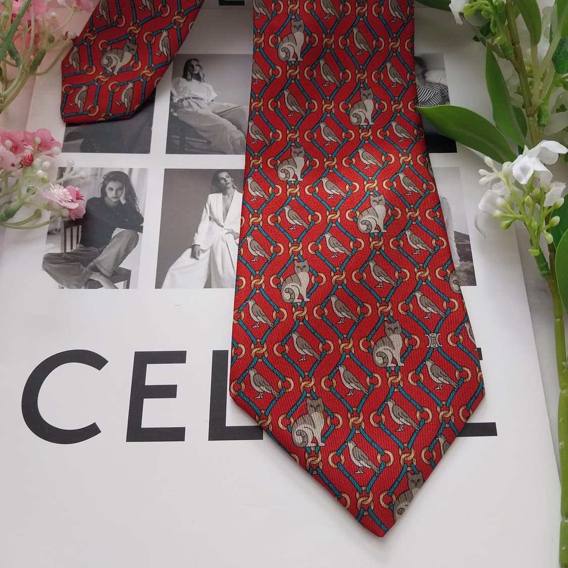셀린느 실크 다홍 동물 패턴 넥타이 9.5cm A+등급 K1867
 상품이미지5