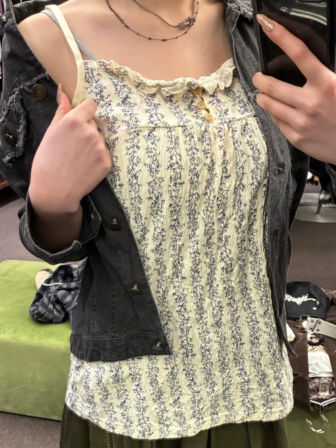 2)Japanese vintage 여성 꽃무늬 프릴 포인트 슬리브리스 상품이미지2