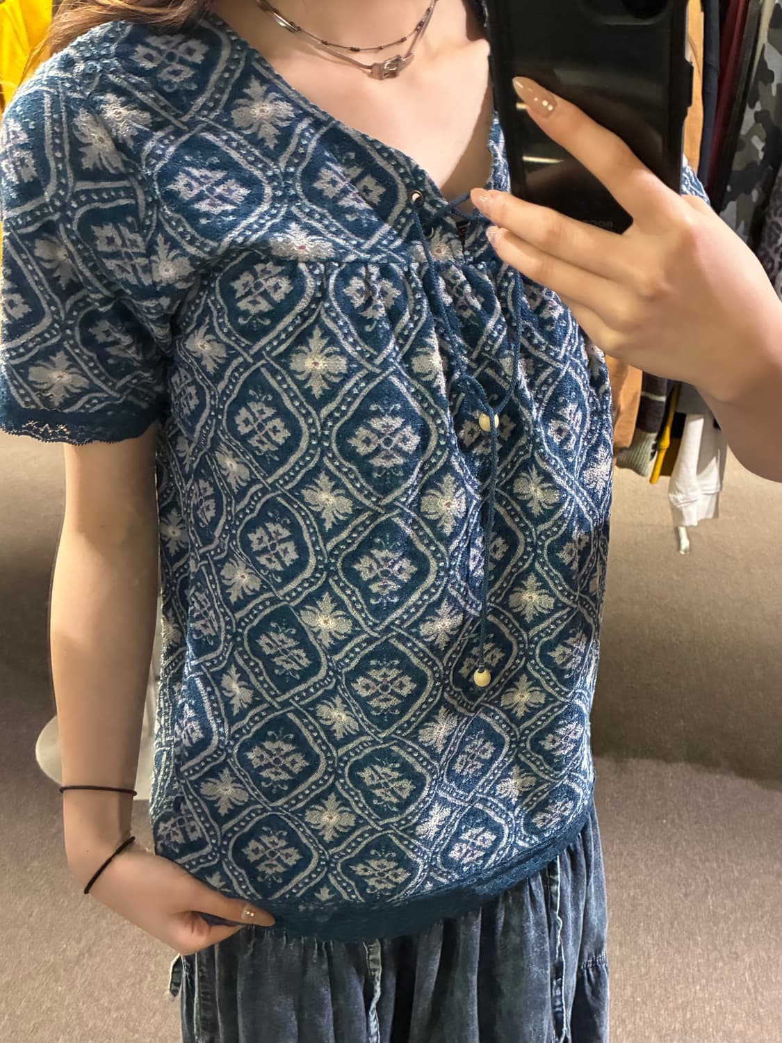 M)Japanese vintage 여성 에스닉 패턴 반팔 티셔츠 상품이미지1