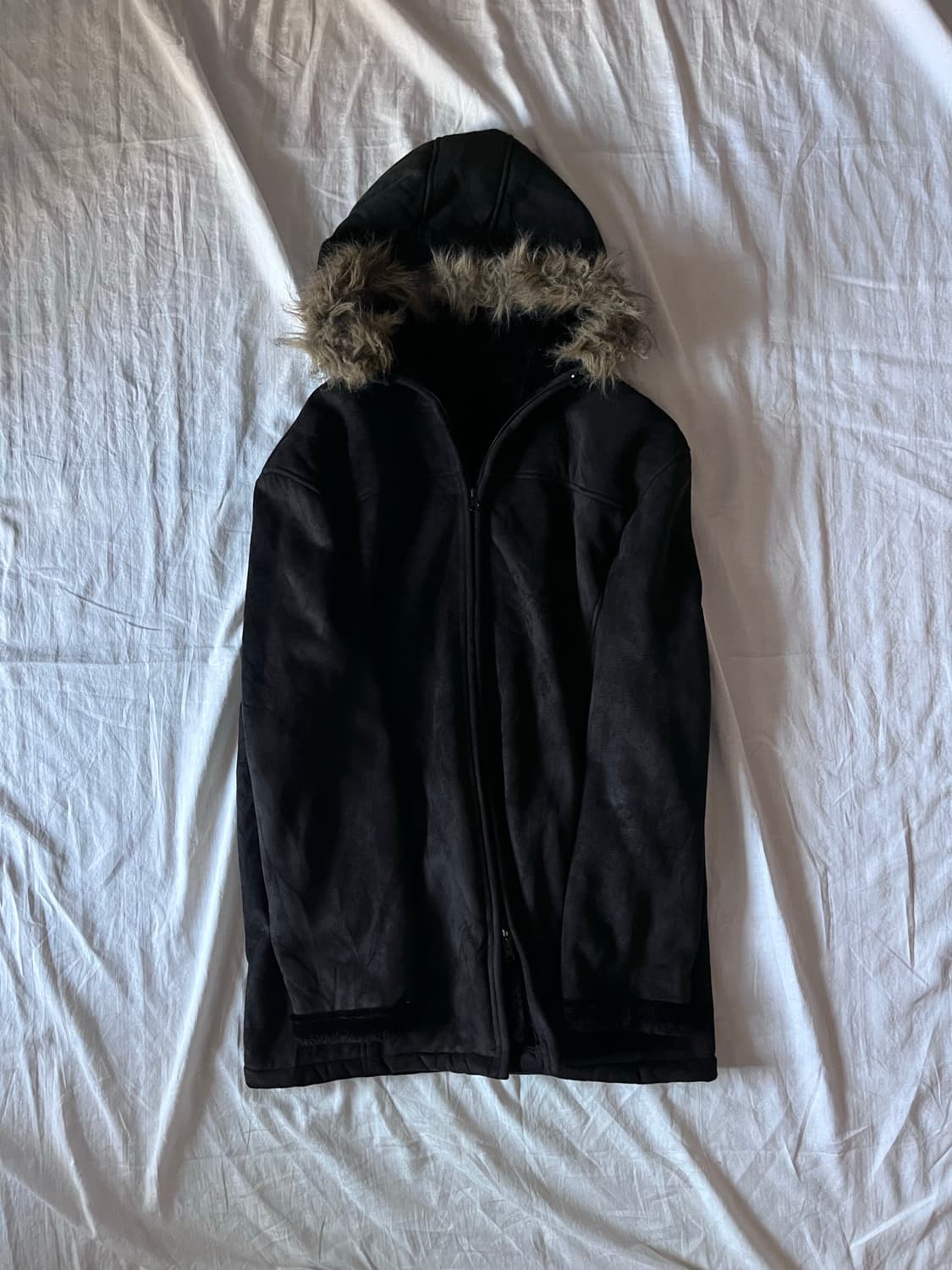 Black Suede Hooded Fur Long Jacket  상품이미지1